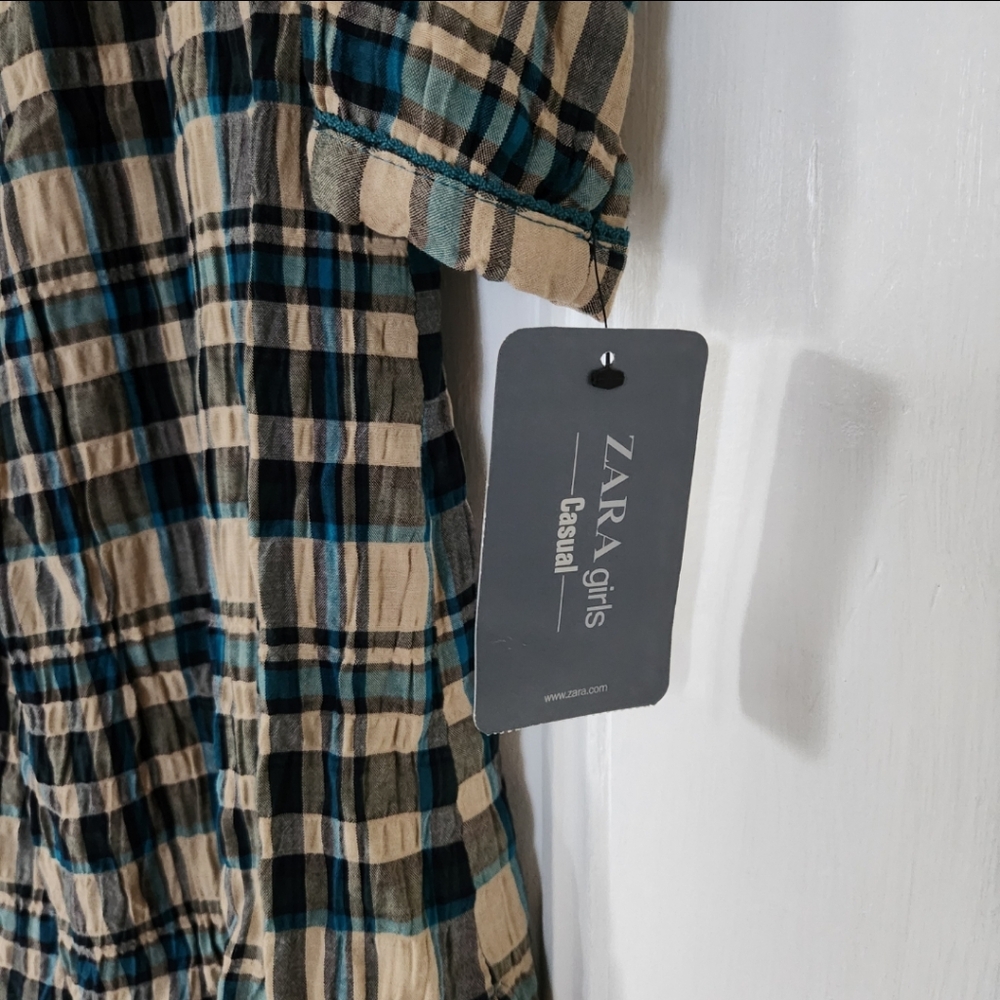 Zara Girls Tan & Green Plaid Button-Up Long Sleeve Peasant Dress - Picture 3 of 7
